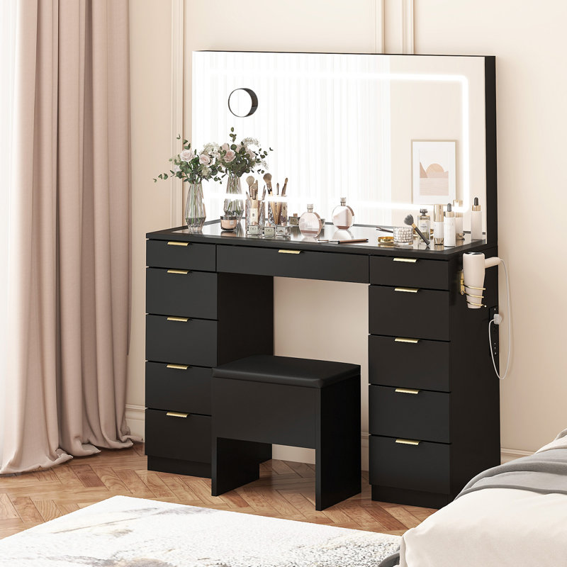 Glass Top Vanity Desk With Led Lighted Mirror Power Outlet Large Makeup Vanity With 11 Drawers Vanity Table Set With Cushioned Stool For Bedroom
